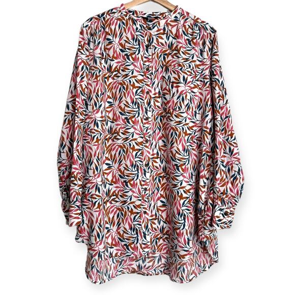 Lands End 100% Linen Ivory Multi Dyed Leaves A Line Long Sleeve Tunic Women's 18 - Picture 1 of 11